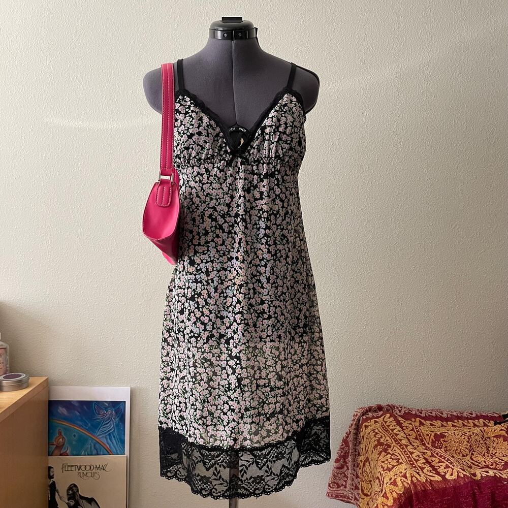 y2k sheer floral lace slip dress vtg 00's micro mesh lingerie nightgown boho S/M